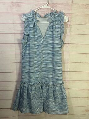 Fitzroy & Willa Nikki 100% Cotton  Blue Stripes Ruffles Sleeveless Dress Small
